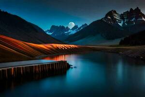 ein See und Berge beim Nacht. KI-generiert foto