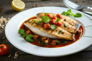 Fisch mit Tomate Soße und Petersilie auf ein Weiß Platte. KI-generiert foto