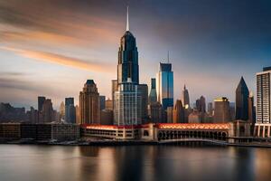 das Horizont von Neu York Stadt beim Sonnenuntergang. KI-generiert foto