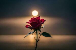 ein Single rot Rose ist im Vorderseite von ein voll Mond. KI-generiert foto
