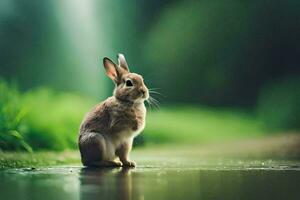 ein Hase Sitzung auf das Boden im das Regen. KI-generiert foto