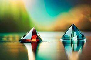 zwei bunt Glas Pyramide geformt Objekte Sitzung auf oben von Wasser. KI-generiert foto