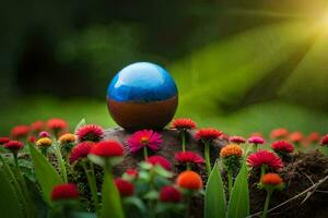 ein Blau Ei Sitzung auf oben von ein Blume Bett. KI-generiert foto