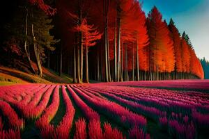 ein Feld von rot und lila Bäume im das Wald. KI-generiert foto