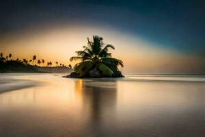 ein einsam Palme Baum auf ein klein Insel im das Mitte von das Ozean beim Sonnenuntergang. KI-generiert foto