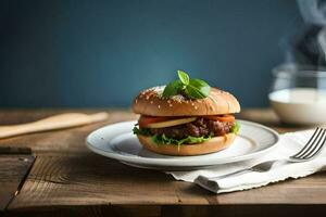 ein Hamburger mit Fleisch, Grüner Salat und Tomate auf ein Platte. KI-generiert foto