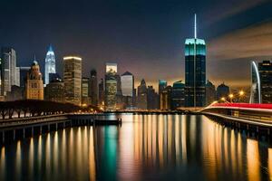 das Stadt Horizont beim Nacht mit Beleuchtung reflektieren aus das Wasser. KI-generiert foto