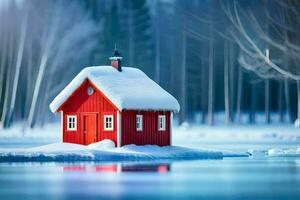 ein rot Haus sitzt auf oben von ein schneebedeckt See. KI-generiert foto