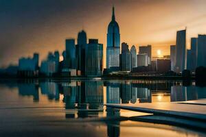 das Stadt Horizont ist reflektiert im das Wasser beim Sonnenuntergang. KI-generiert foto