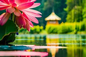 Rosa Lotus Blume im das Wasser mit ein Grün Pagode im das Hintergrund. KI-generiert foto