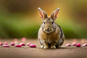 ein Hase ist Sitzung auf das Boden umgeben durch Rosa Blumen. KI-generiert foto