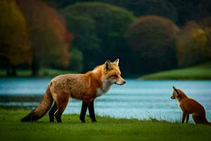 ein Fuchs und ein Jungtier durch das Wasser. KI-generiert foto