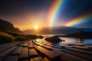 ein Regenbogen Über das Wasser und Berge. KI-generiert foto