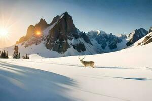 ein Hirsch steht im das Schnee im Vorderseite von Berge. KI-generiert foto