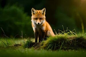 ein Fuchs sitzt auf ein grasig Hügel im das Sonne. KI-generiert foto