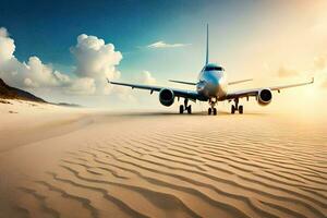 ein groß Flugzeug ist Sitzung auf das Sand. KI-generiert foto