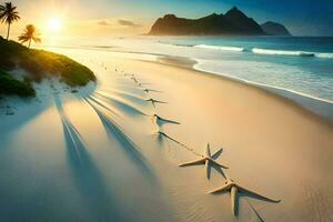 ein Strand mit Fußabdrücke im das Sand und Palme Bäume. KI-generiert foto