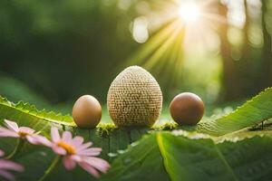 drei Eier sind Sitzung auf ein Blatt im das Sonne. KI-generiert foto