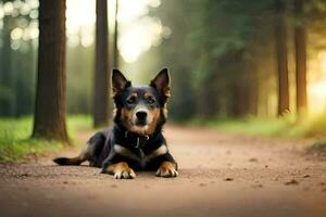 ein Hund Verlegung auf das Boden im das Wald. KI-generiert foto