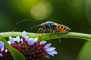 ein Wespe ist Sitzung auf ein Blume. KI-generiert foto