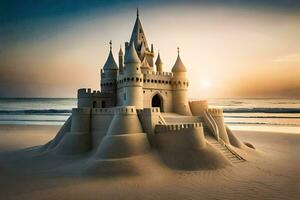 ein Sand Schloss auf das Strand beim Sonnenuntergang. KI-generiert foto