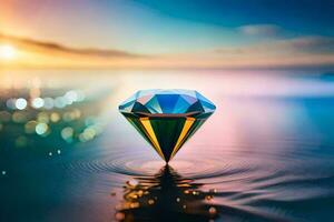 ein Diamant schwebend im Wasser mit ein Sonnenuntergang im das Hintergrund. KI-generiert foto