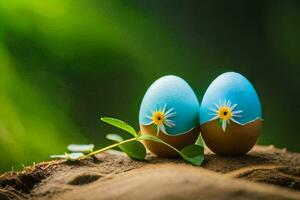 zwei Blau Ostern Eier mit Blumen auf ein Grün Hintergrund. KI-generiert foto