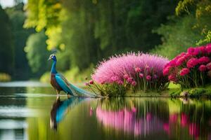 ein Pfau Stehen auf das Wasser mit Rosa Blumen. KI-generiert foto