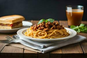 Spaghetti mit Fleischklößchen und Tomate Soße auf ein Platte. KI-generiert foto