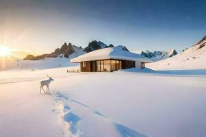 ein Haus im das Schnee mit ein Reh. KI-generiert foto