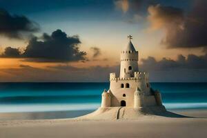 ein Sand Schloss auf das Strand beim Sonnenuntergang. KI-generiert foto