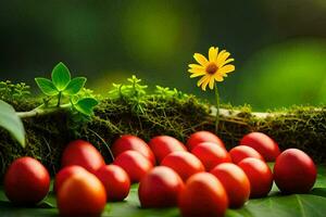 rot Beeren auf ein moosig Ast mit ein Gelb Blume. KI-generiert foto