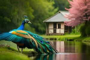 ein Pfau ist Stehen auf das Gras in der Nähe von ein Teich. KI-generiert foto