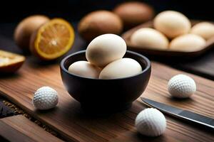 Eier im ein Schüssel auf ein hölzern Schneiden Tafel. KI-generiert foto