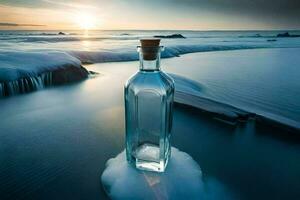 ein Flasche von Wasser sitzt auf das Strand beim Sonnenuntergang. KI-generiert foto
