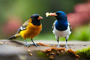 zwei Vögel sind Stehen auf ein Leiste mit Lebensmittel. KI-generiert foto