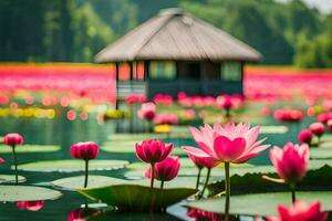 Rosa Lotus Blumen im ein Teich mit ein Hütte im das Hintergrund. KI-generiert foto