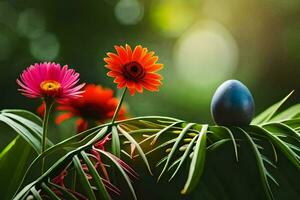 ein Blau Ei Sitzung auf ein Grün Blatt mit Blumen. KI-generiert foto