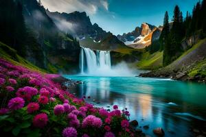das Wasserfall im das Berge mit Blumen und lila Blumen. KI-generiert foto