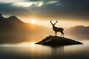 ein Hirsch steht auf ein Felsen im das Mitte von ein See beim Sonnenuntergang. KI-generiert foto