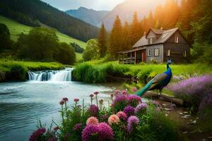 schön Pfau im das Berge Hintergrund. KI-generiert foto