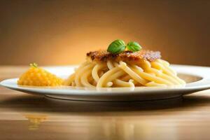 ein Teller von Spaghetti mit Fleisch und orange. KI-generiert foto