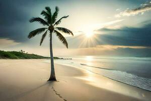 das Sonne steigt an Über das Ozean und das Palme Baum auf das Strand. KI-generiert foto