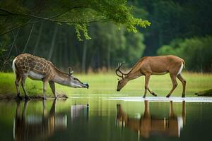 zwei Hirsch Trinken Wasser im ein Teich. KI-generiert foto