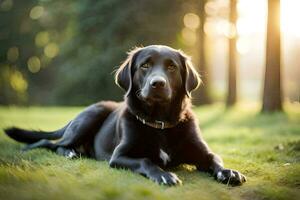 ein schwarz Hund Verlegung auf das Gras im das Sonne. KI-generiert foto