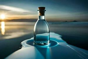 ein Flasche von Wasser sitzt auf oben von ein Eisberg. KI-generiert foto