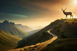 ein Hirsch steht auf ein Hügel mit Blick auf ein Schlucht. KI-generiert foto
