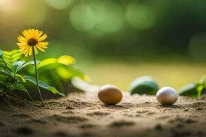 zwei Eier sind Sitzung auf das Boden Nächster zu ein Blume. KI-generiert foto