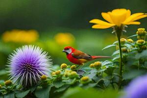 ein Vogel ist Sitzung auf ein Blume und etwas lila Blumen. KI-generiert foto