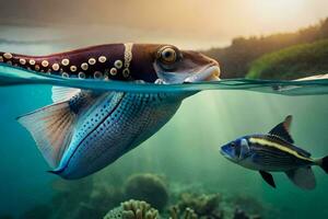 zwei Fisch Schwimmen im das Ozean mit ein Koralle Riff im das Hintergrund. KI-generiert foto